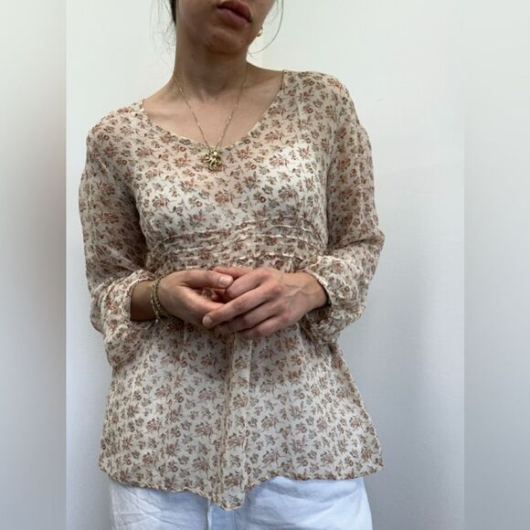 Tess Studio 100% Silk Tan Floral Sheer Long Sleeve Sheer Boho Blouse Size S/M - Picture 5 of 14